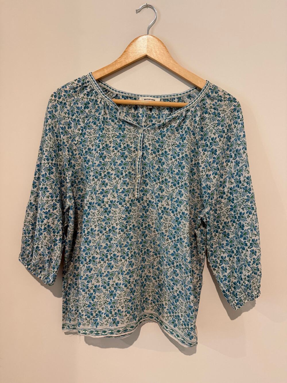 EUC Max Studio Teal Blue Black Print Floral Quarter Sleeve Top M Cottagecore